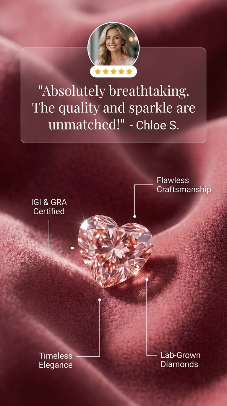 Fancy Pink Lab-Grown Diamond with Certifications and Customer Review on a Red Fabric Background